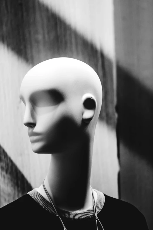 a mannequin head wearing a necklace in a black and white po