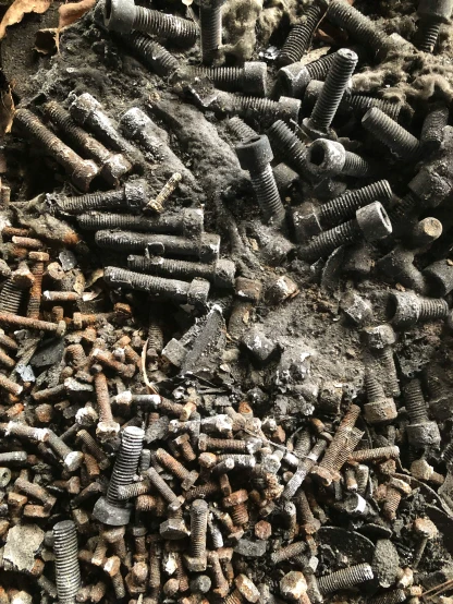 a bunch of screws are laying on the ground