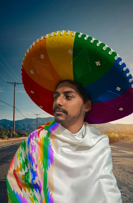 the man is holding a large colorful mexican hat