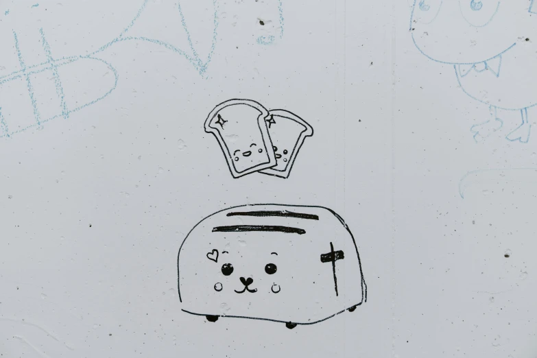 there is a drawing of a toaster and a sandwich on it