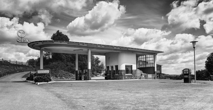 the gas station in a black and white po