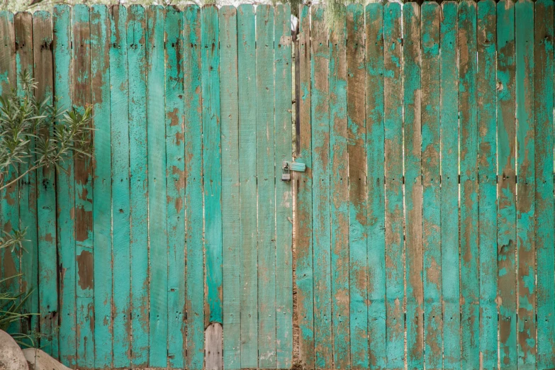 there is an old rusty fence that is painted green