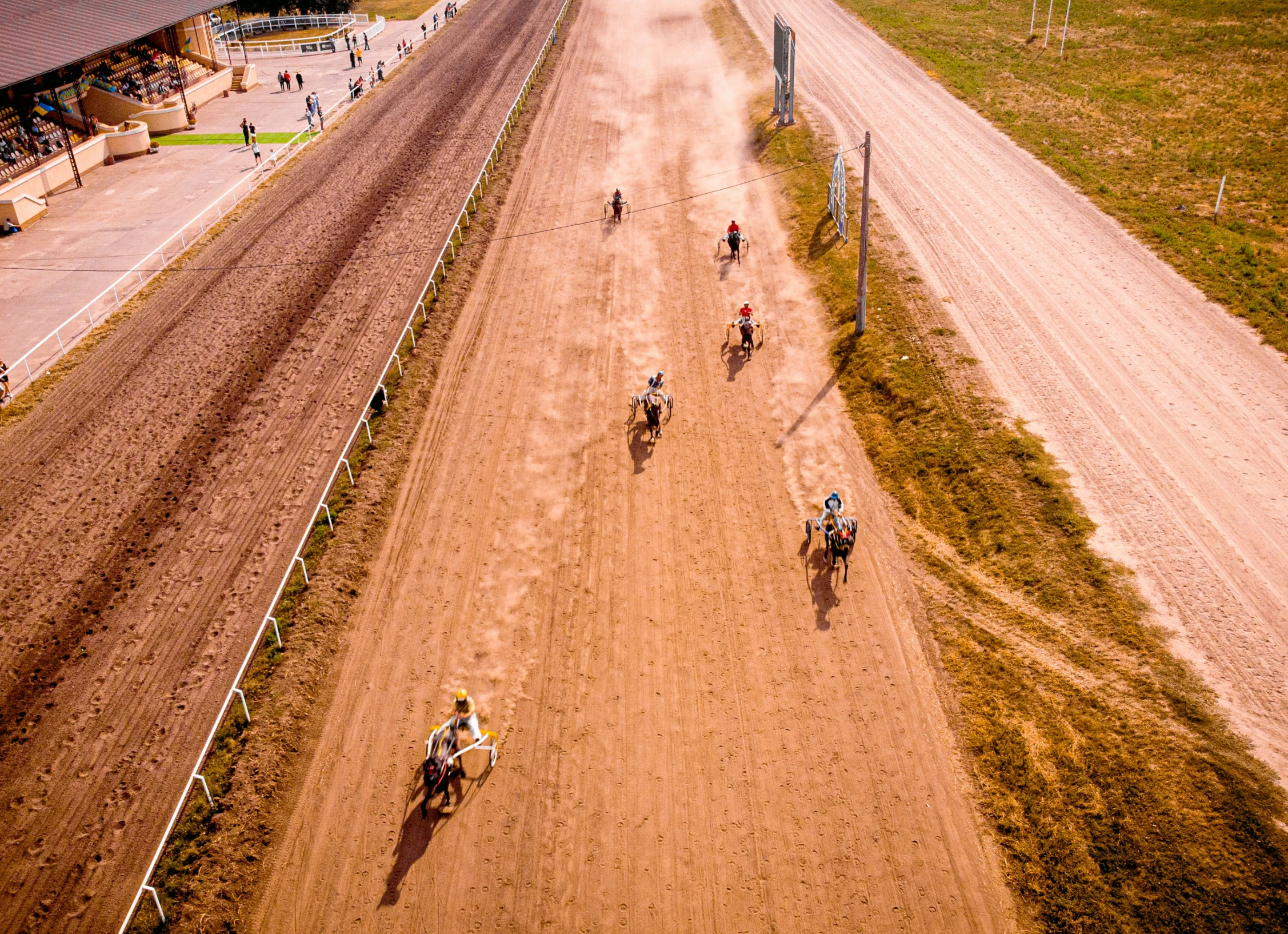 a group of horses racing in a race track