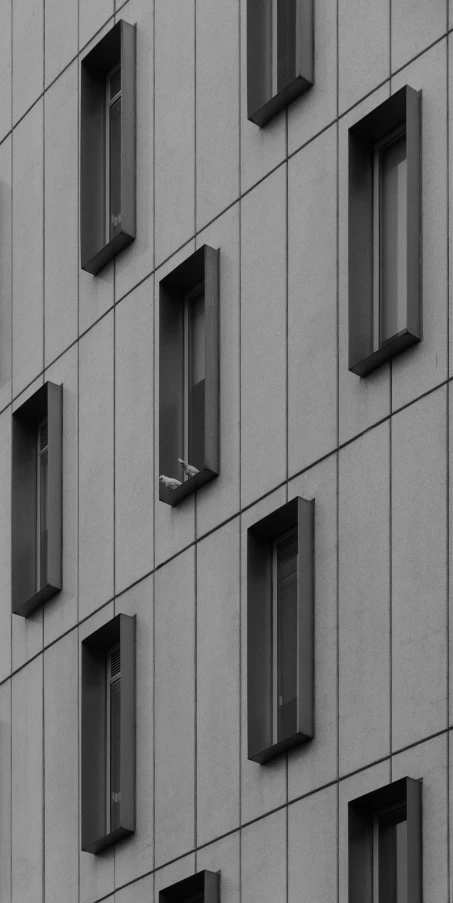 a black and white po of windows in the side of a building