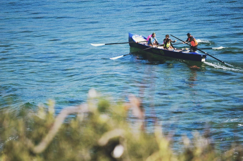 people in a row boat on the water