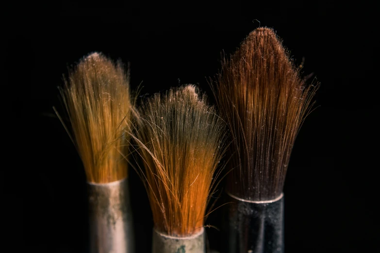 three different types of brushes in silver vases