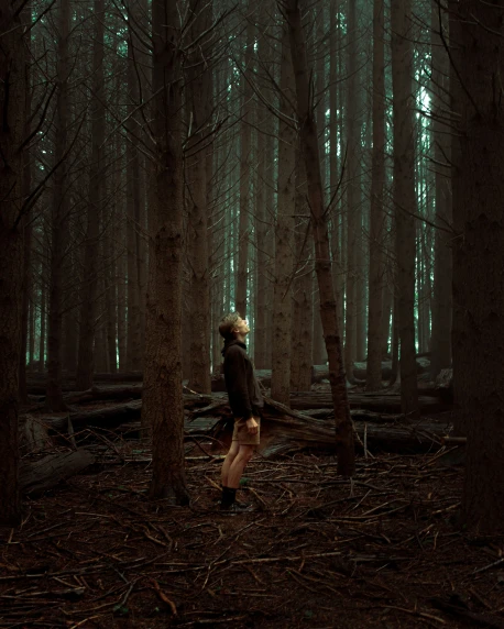 a woman walking through the woods, with trees