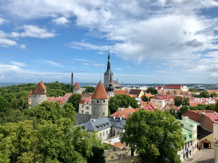 a city with several different colored buildings