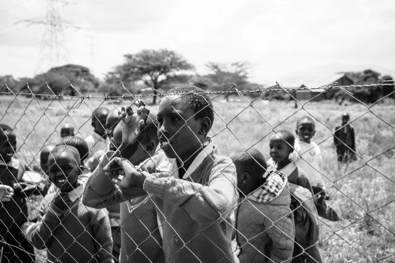 people in a field looking through a fence