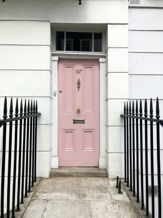 a pink door to a white house that has a black fence and a cat standing on the side