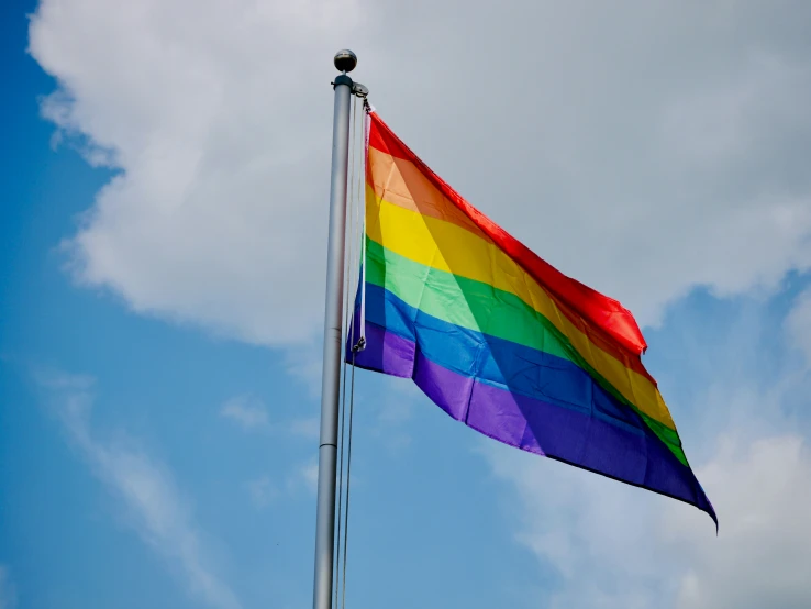 a close up view of a rainbow - colored flag on a clear day