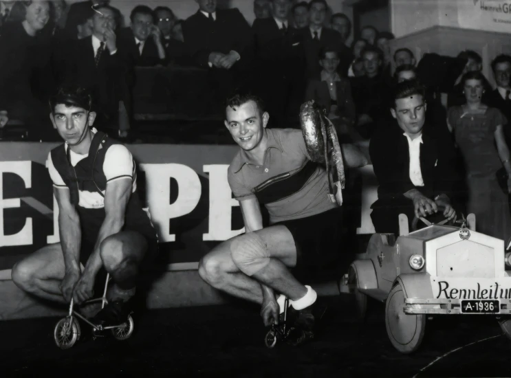 a group of men riding on the back of tricycles