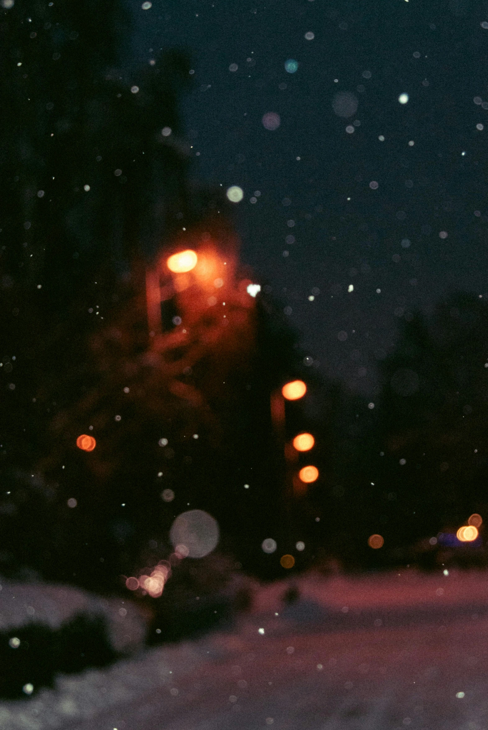 a street light and lights during a snow storm