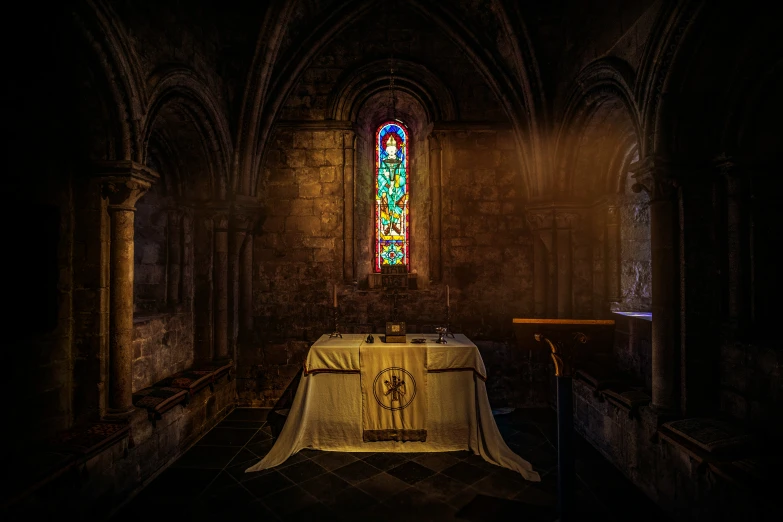 an empty church with a very high window