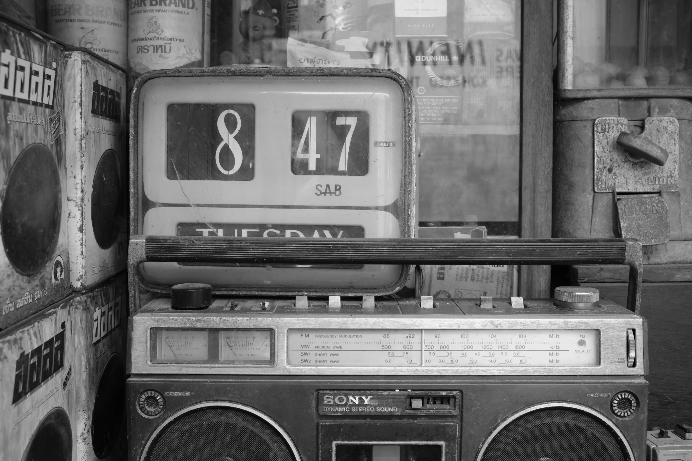 there is a radio and other things in this black and white po