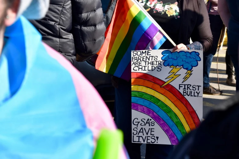 the person is holding a sign reading gays save lives