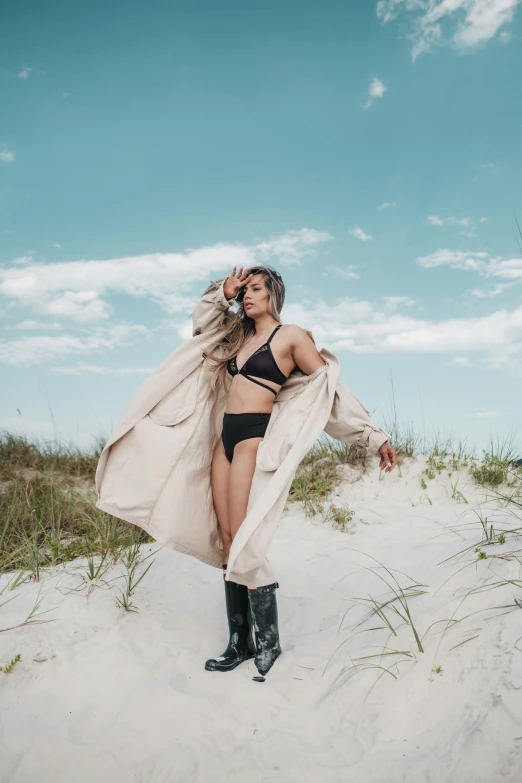 an attractive woman in a bikini standing on top of a beach