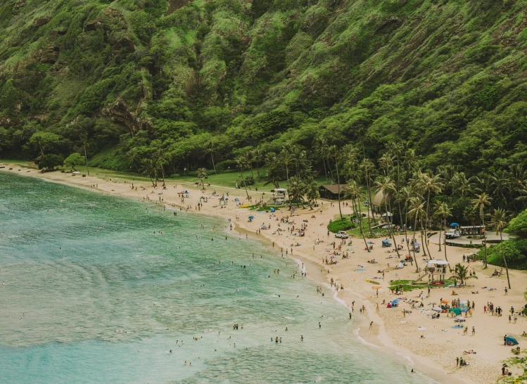 a beach with a lot of people on it near the water