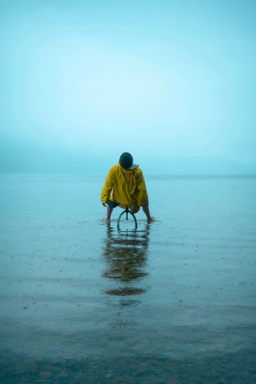 a man rides a bike on a low tide