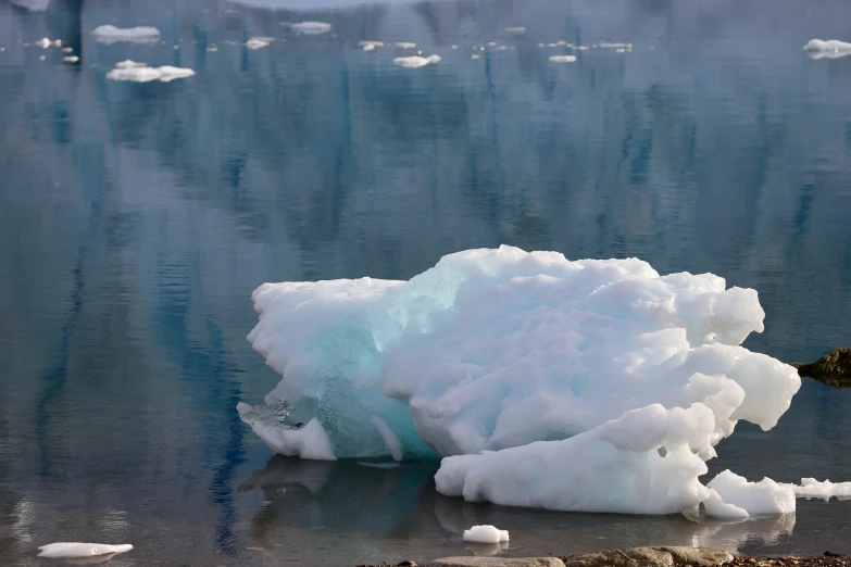 a large chunk of ice floating in a pond