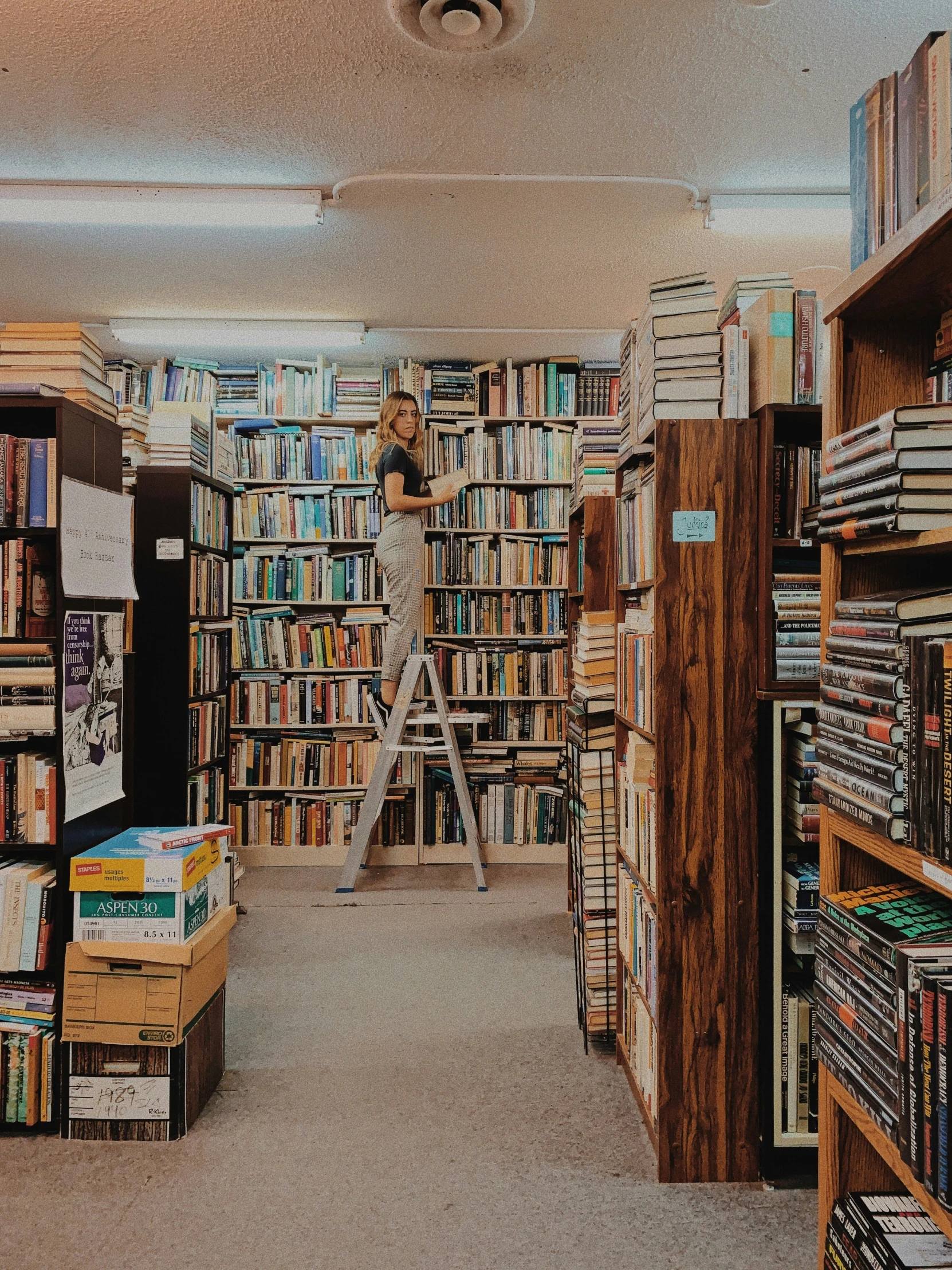 an open book store with a ladder up to the ceiling and lots of books on display