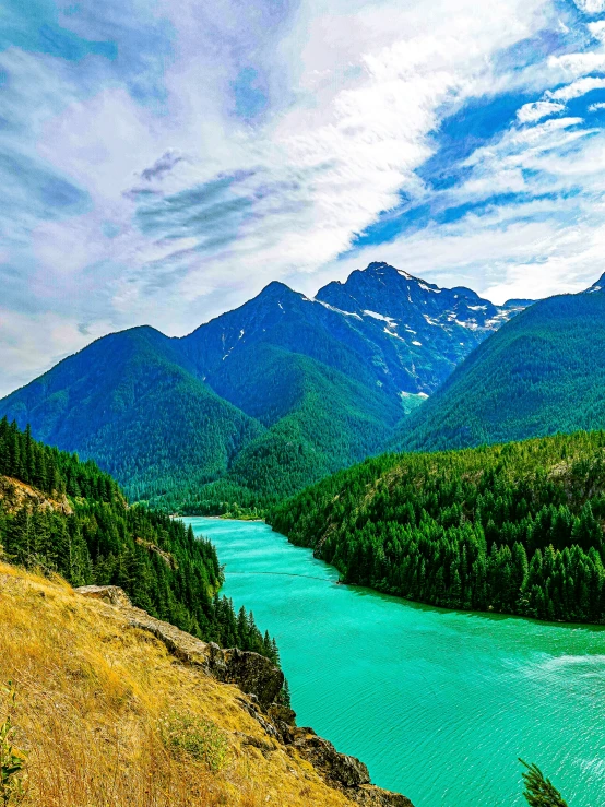 an aerial view of a large river in the mountains