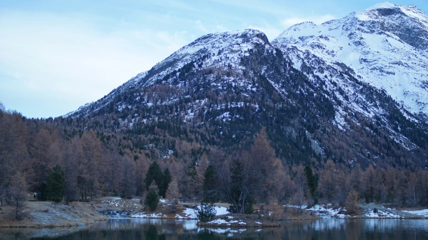 snowy mountains surround a lake surrounded by trees