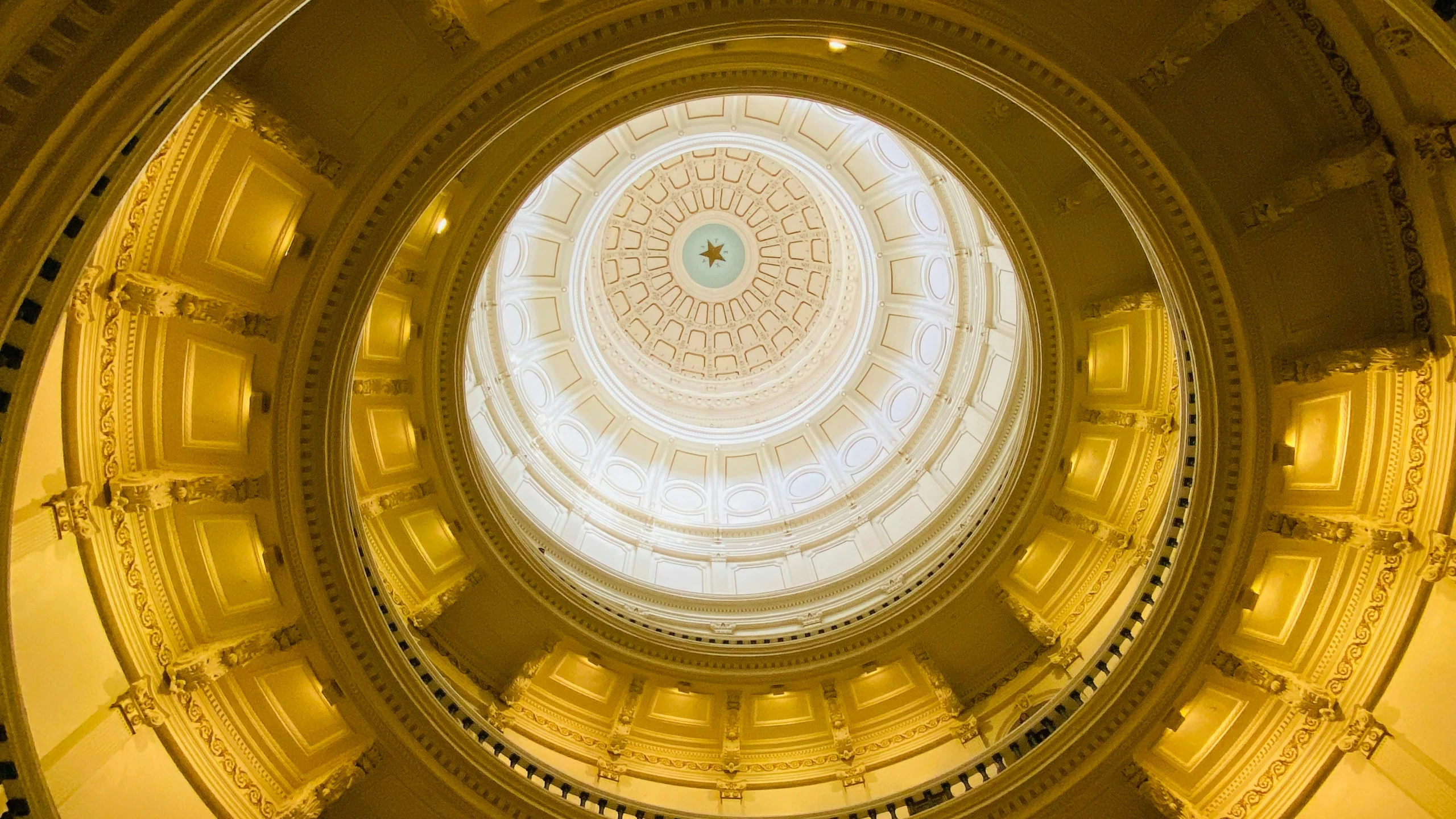 a ceiling view of a room with large white arches