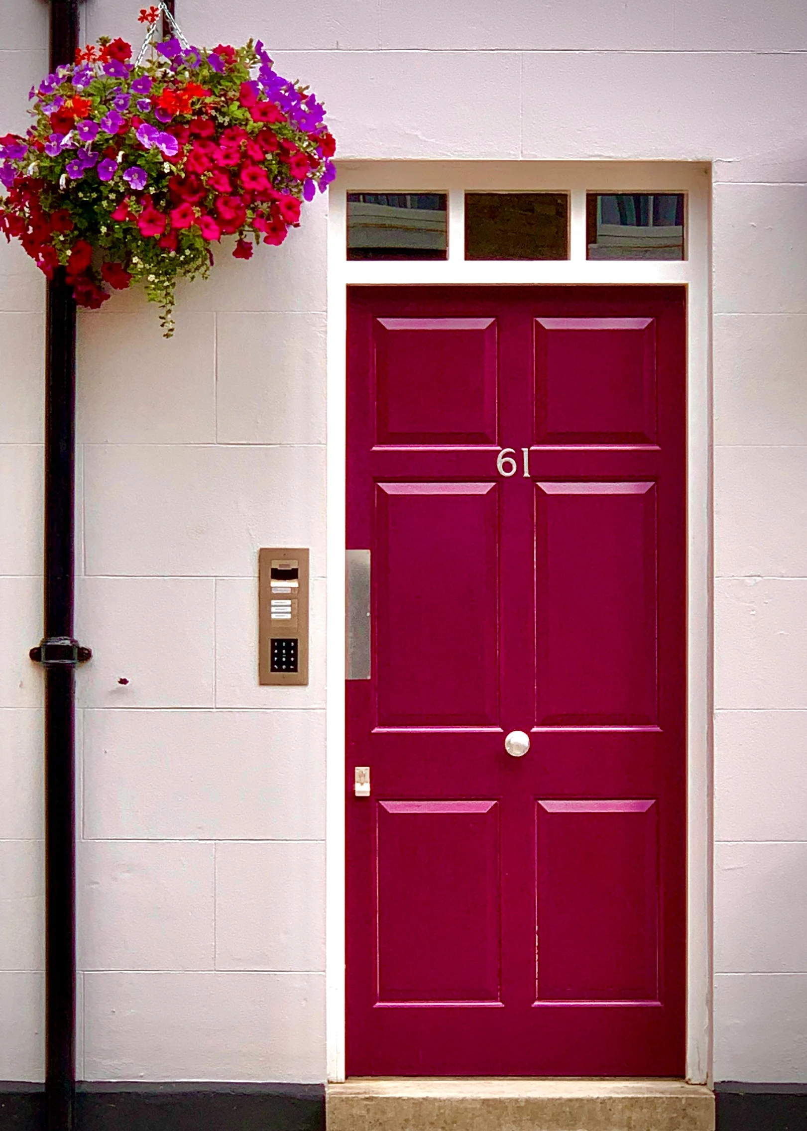 a red front door with flowers hanging from it