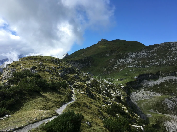 a grassy mountain side area that has a winding path