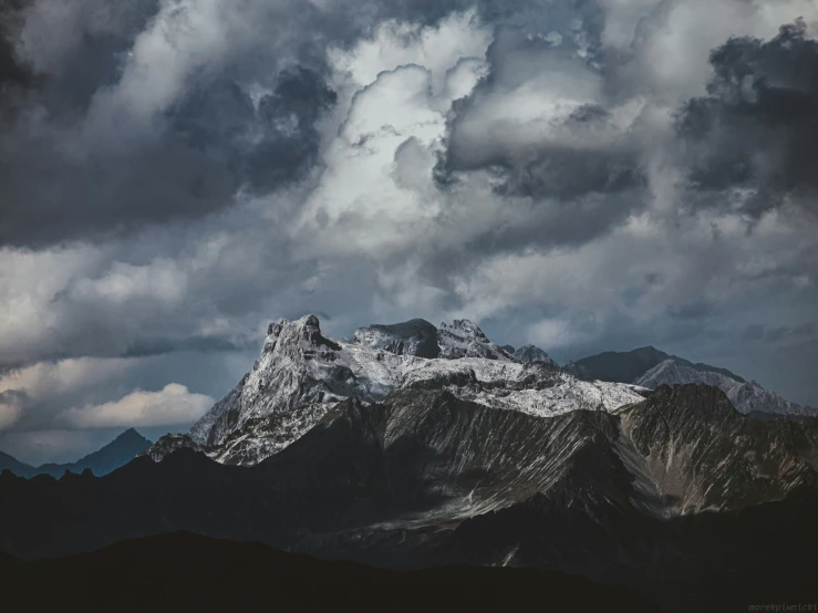 mountains are covered with snow under cloudy skies