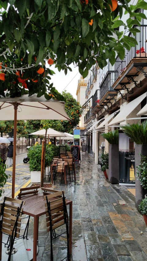 tables with umbrellas sitting along a building sidewalk