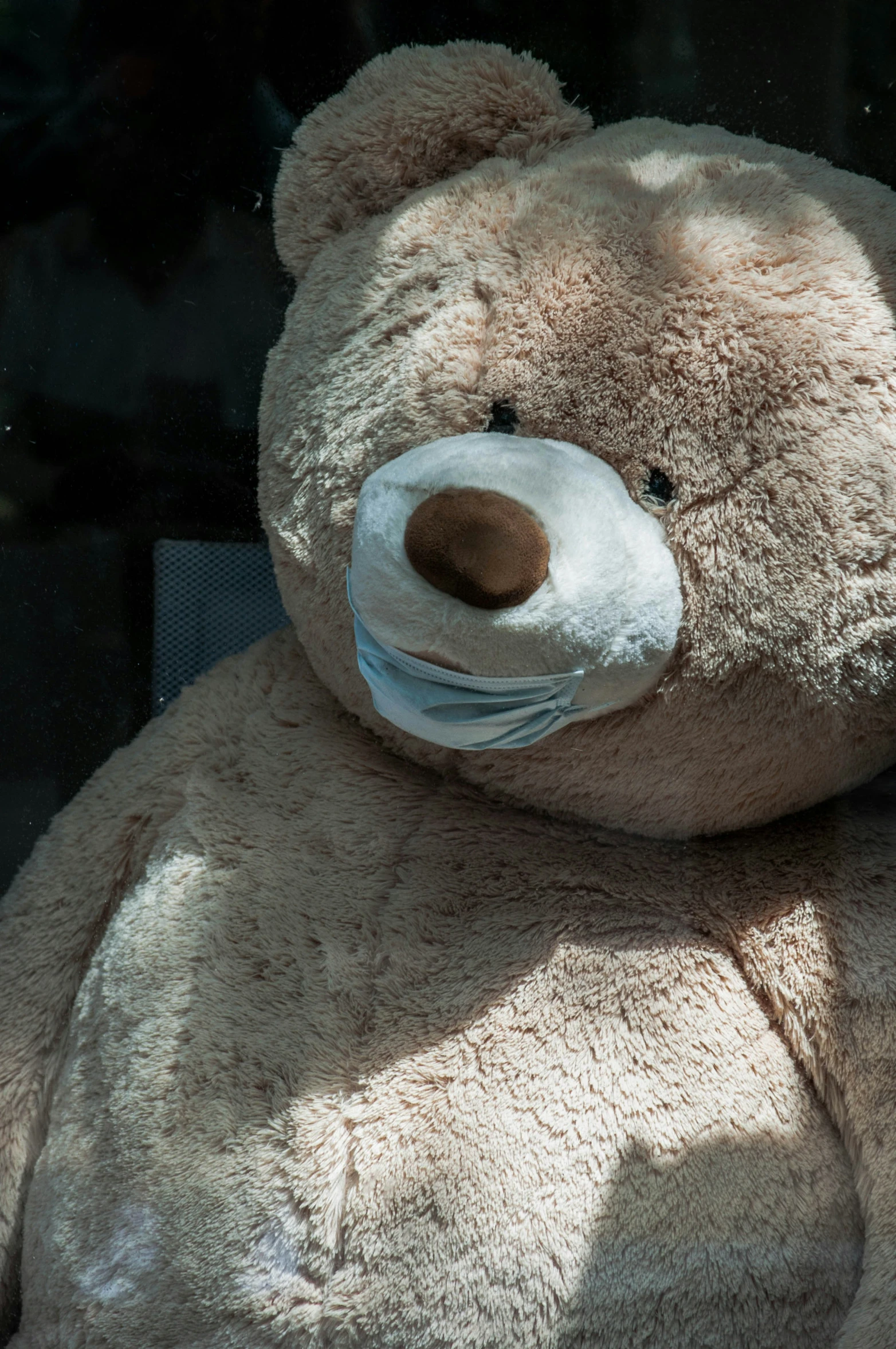 a big stuffed bear sitting on a window sill