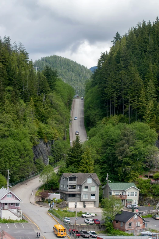 a small town and a bus in the middle