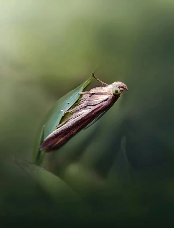 an insect standing on top of a green leaf