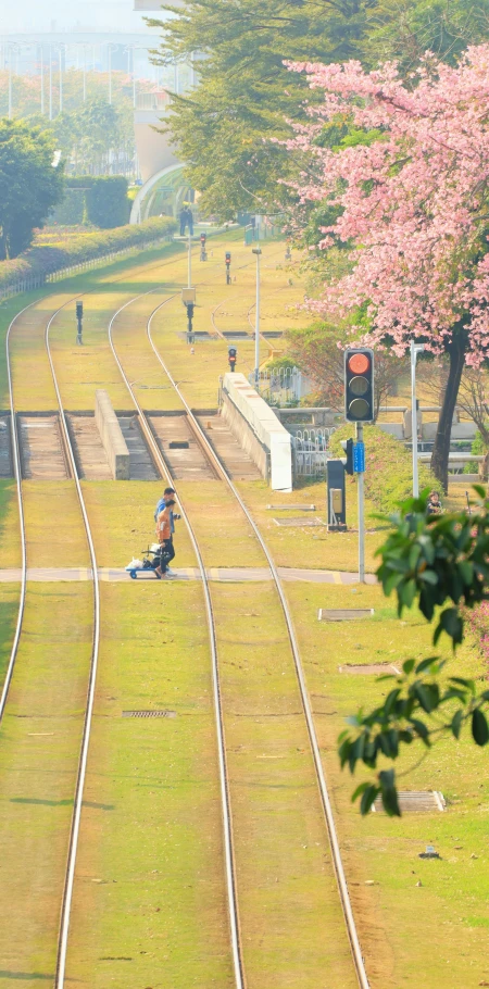 two people sitting on the ground near train tracks