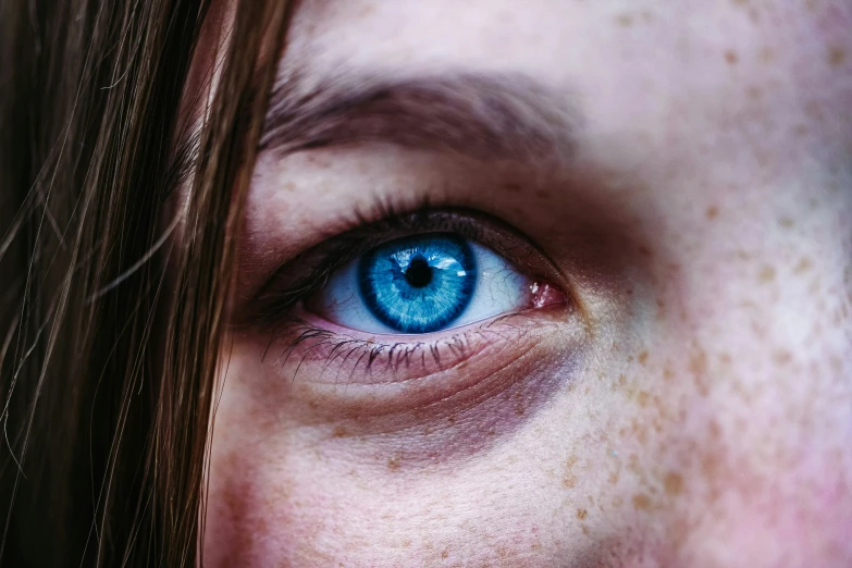 the close up image of a young womans blue eye