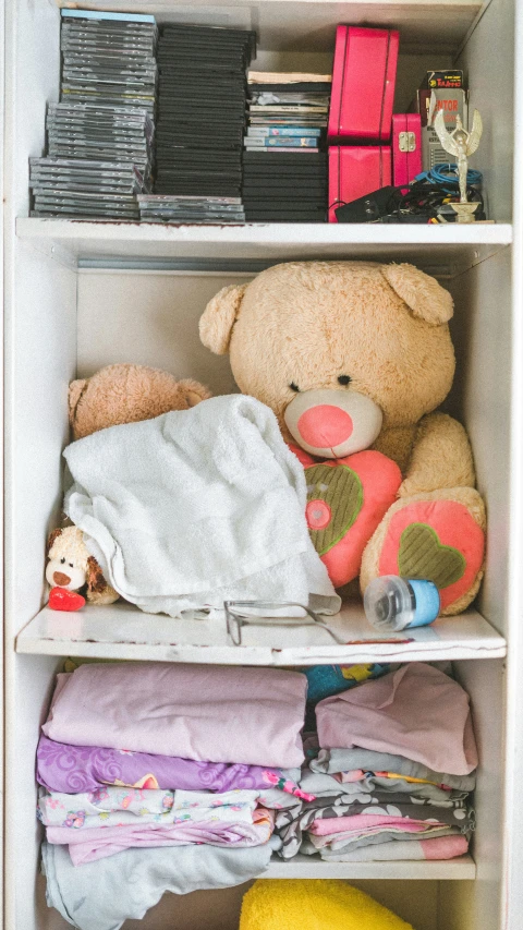 the stuffed bear is placed inside of a closet