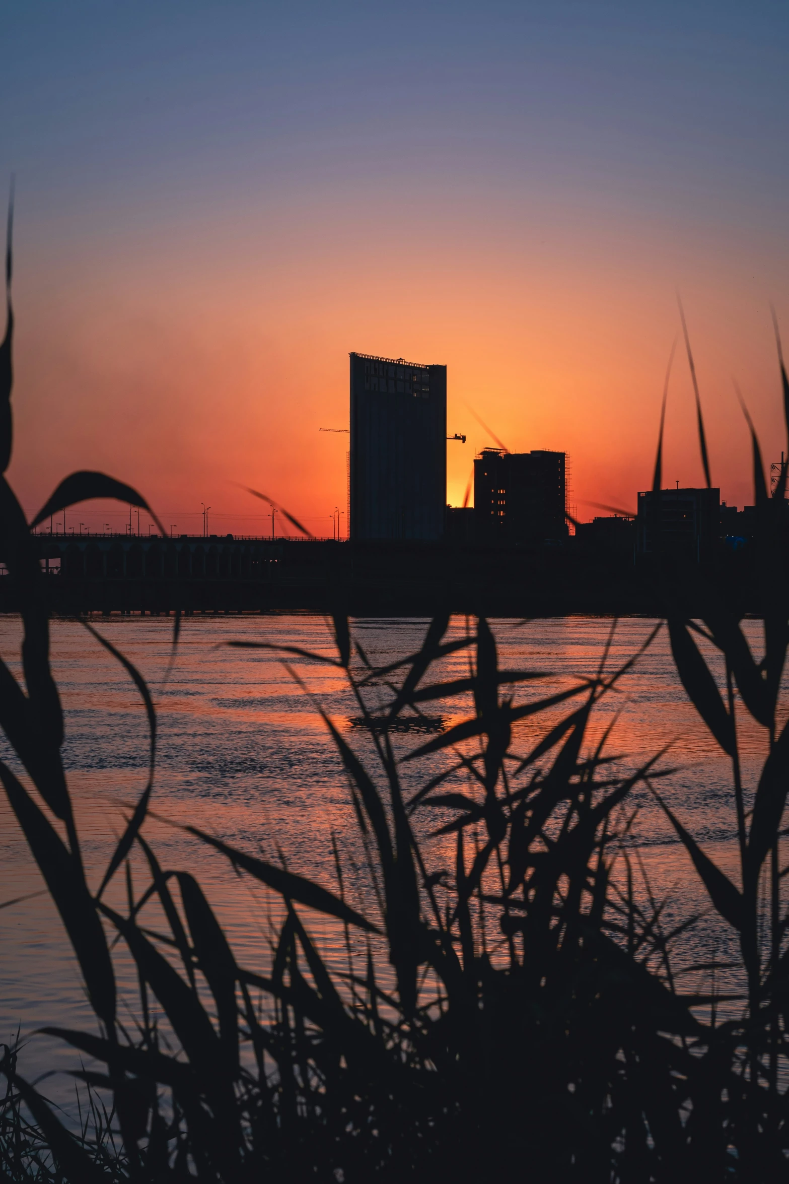 the silhouette of buildings in the background in a setting sun