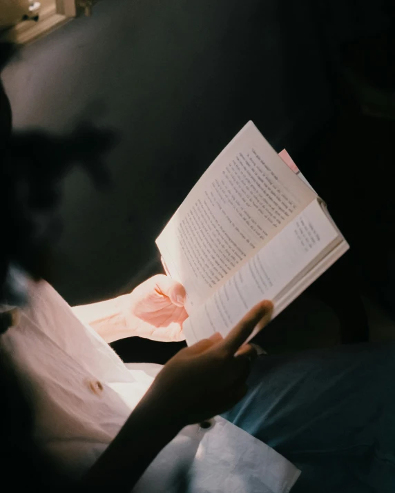 there is a person reading a book on a couch