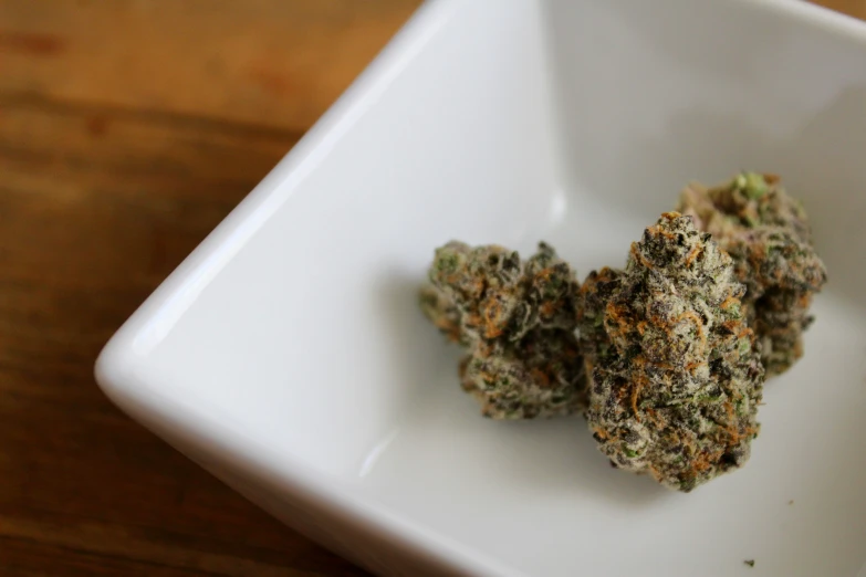 three marijuana buds in a square dish