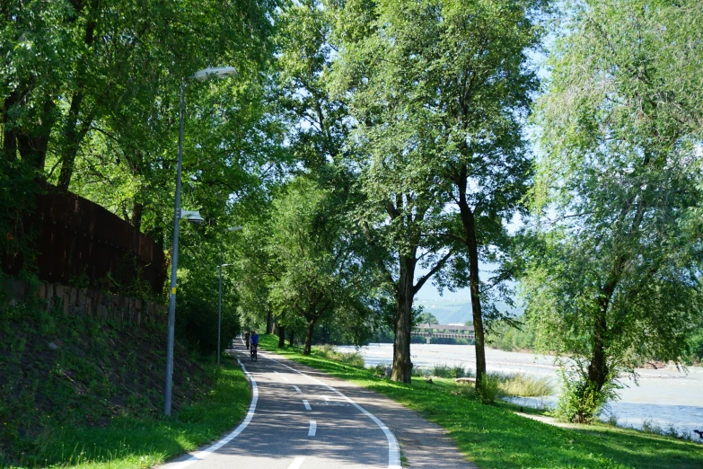 two people walk along a road in the park