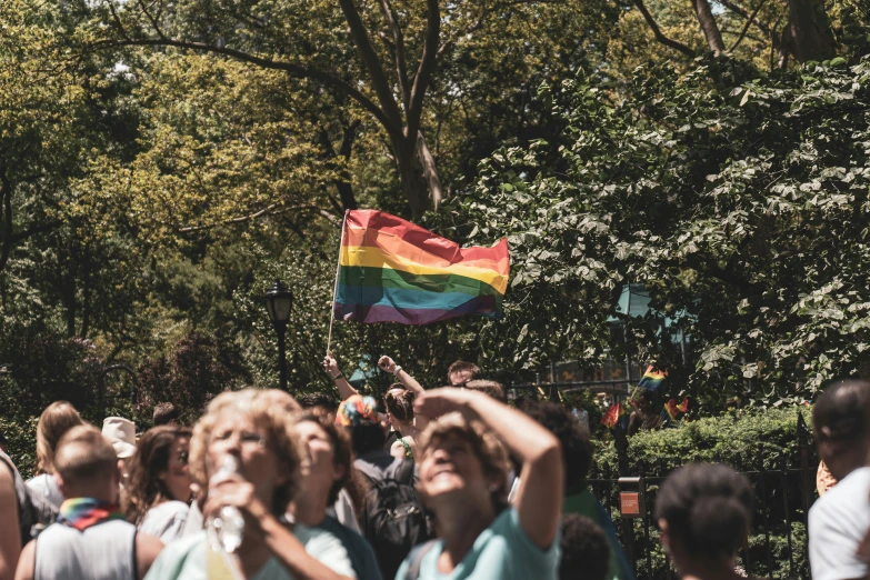 a group of people with a rainbow flag in a crowd