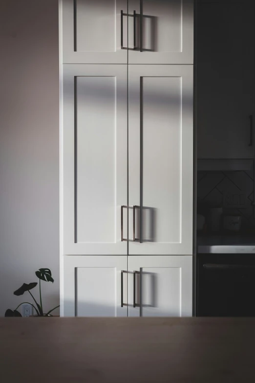 a white cupboard in a clean kitchen with the doors open