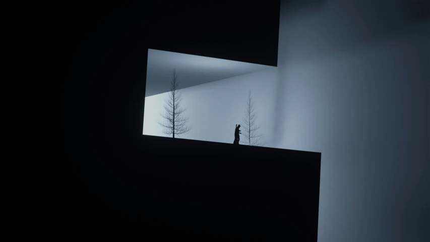 a dark room with some silhouettes of trees on the ground