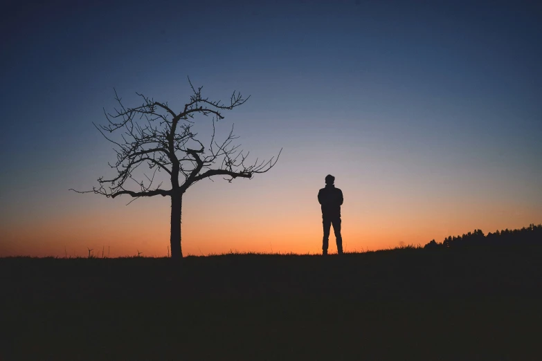 a man stands in the middle of the field with a tree