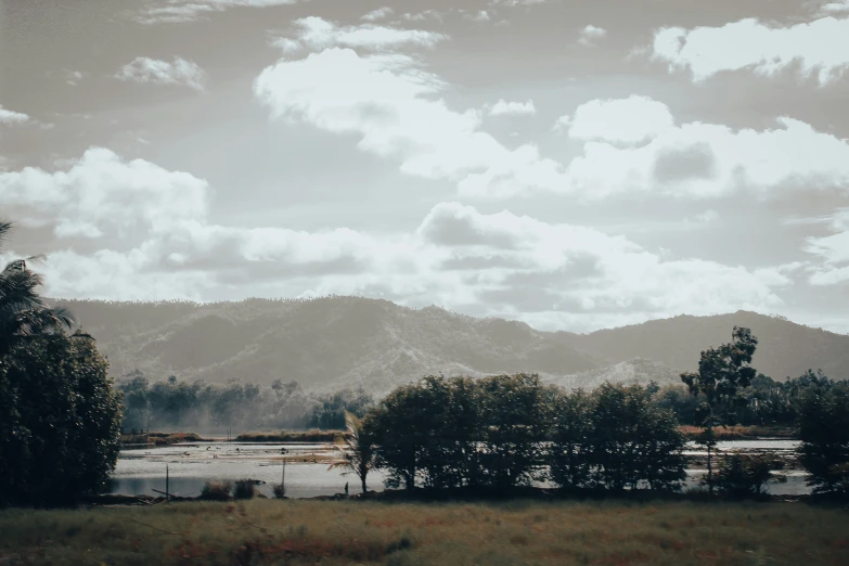 the view from a distance of trees and mountains