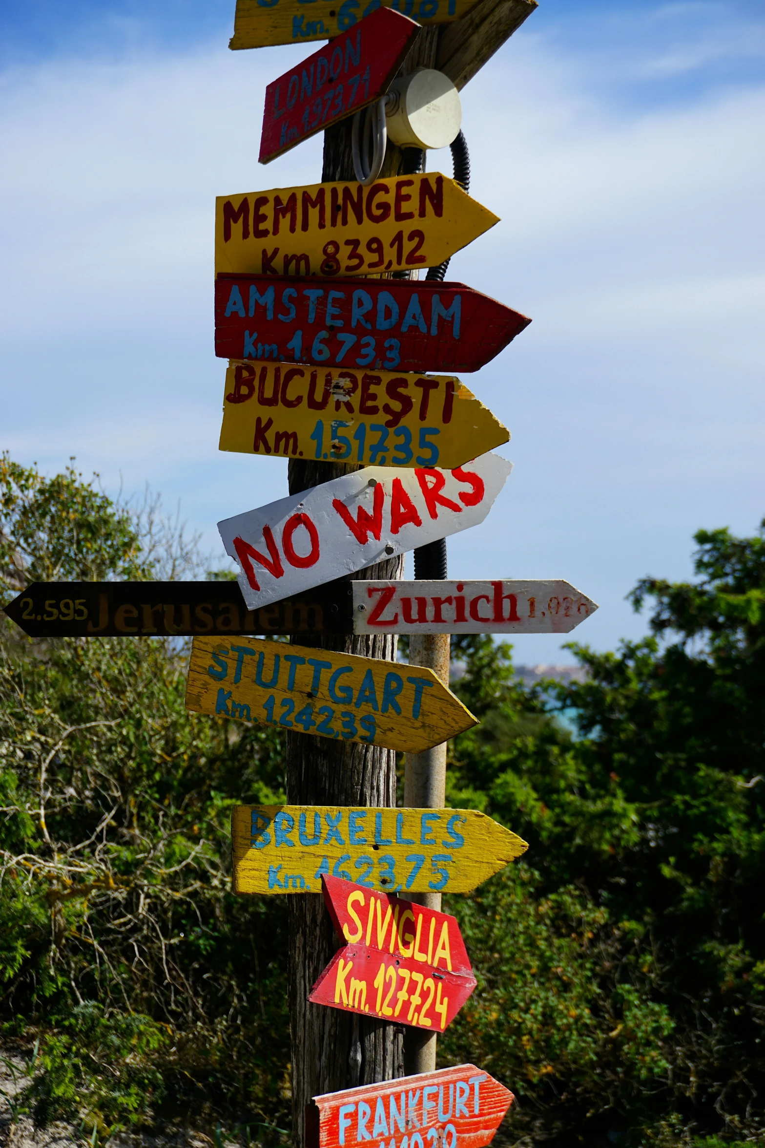 the sign post has many street names displayed