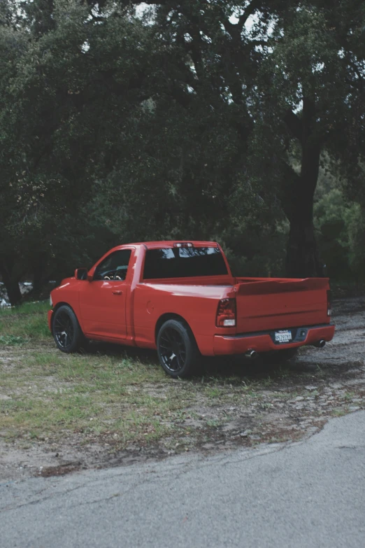 the truck is parked on the roadside near some trees