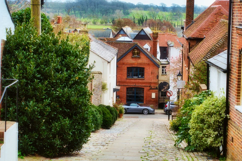 looking down a street with buildings and green shrubs